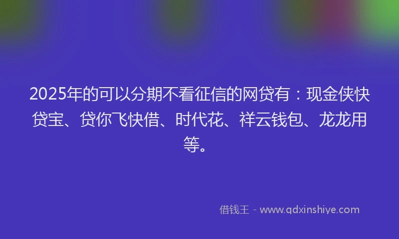 2025年的可以分期不看征信的网贷有：现金侠快贷宝、贷你飞快借、时代花、祥云钱包、龙龙用等。