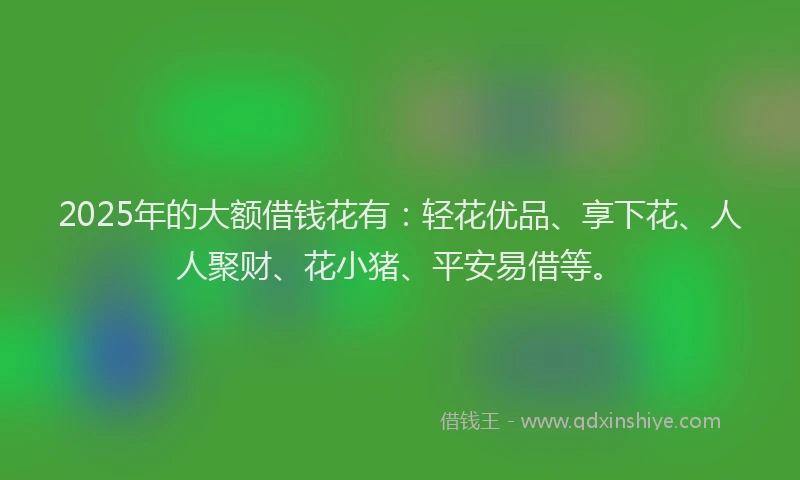 2025年的大额借钱花有：轻花优品、享下花、人人聚财、花小猪、平安易借等。