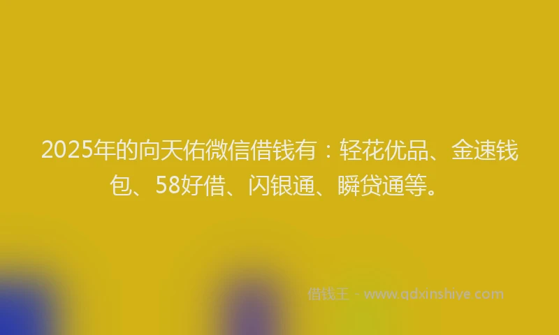 2025年的向天佑微信借钱有：轻花优品、金速钱包、58好借、闪银通、瞬贷通等。