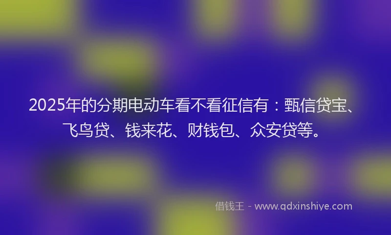 2025年的分期电动车看不看征信有：甄信贷宝、飞鸟贷、钱来花、财钱包、众安贷等。
