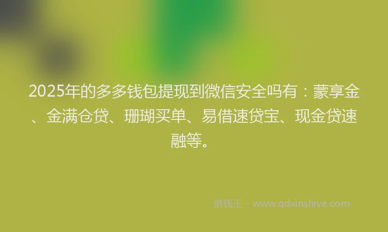 2025年的多多钱包提现到微信安全吗有：蒙享金、金满仓贷、珊瑚买单、易借速贷宝、现金贷速融等。