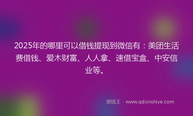 2025年的哪里可以借钱提现到微信有：美团生活费借钱、爱木财富、人人拿、速借宝盒、中安信业等。