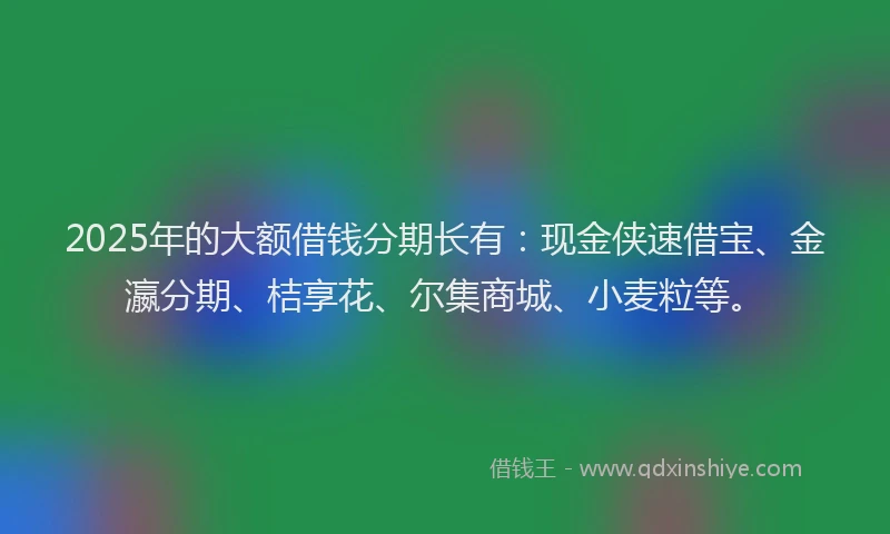 2025年的大额借钱分期长有：现金侠速借宝、金瀛分期、桔享花、尔集商城、小麦粒等。