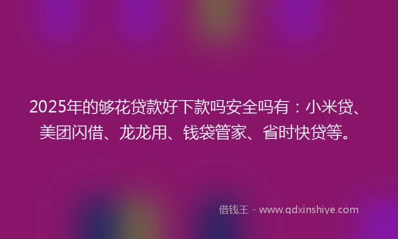 2025年的够花贷款好下款吗安全吗有：小米贷、美团闪借、龙龙用、钱袋管家、省时快贷等。