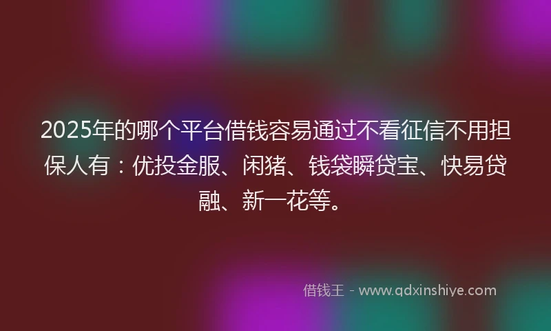 2025年的哪个平台借钱容易通过不看征信不用担保人有：优投金服、闲猪、钱袋瞬贷宝、快易贷融、新一花等。