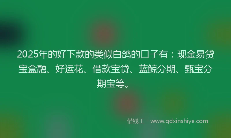 2025年的好下款的类似白鸽的口子有：现金易贷宝盒融、好运花、借款宝贷、蓝鲸分期、甄宝分期宝等。