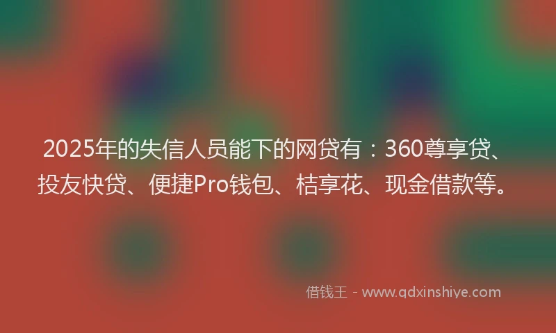 2025年的失信人员能下的网贷有：360尊享贷、投友快贷、便捷Pro钱包、桔享花、现金借款等。