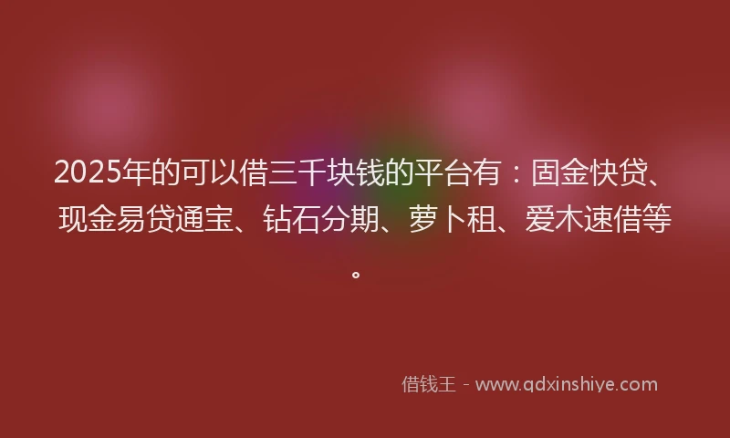 2025年的可以借三千块钱的平台有：固金快贷、现金易贷通宝、钻石分期、萝卜租、爱木速借等。