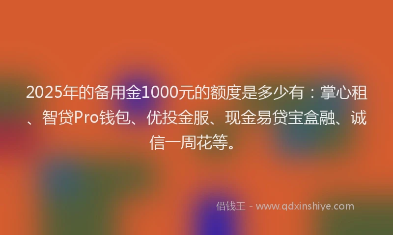 2025年的备用金1000元的额度是多少有：掌心租、智贷Pro钱包、优投金服、现金易贷宝盒融、诚信一周花等。