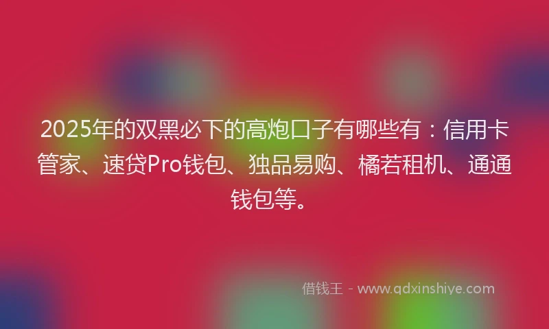 2025年的双黑必下的高炮口子有哪些有：信用卡管家、速贷Pro钱包、独品易购、橘若租机、通通钱包等。