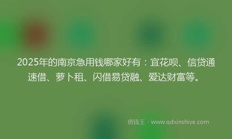 2025年的南京急用钱哪家好有：宜花呗、信贷通速借、萝卜租、闪借易贷融、爱达财富等。