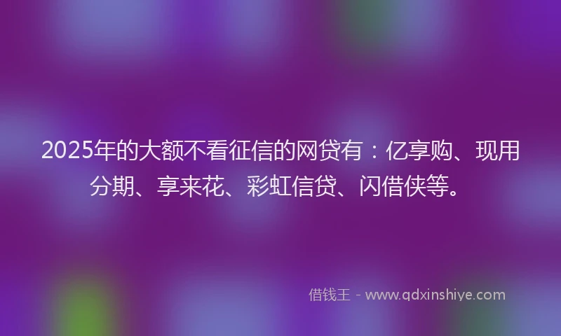 2025年的大额不看征信的网贷有：亿享购、现用分期、享来花、彩虹信贷、闪借侠等。