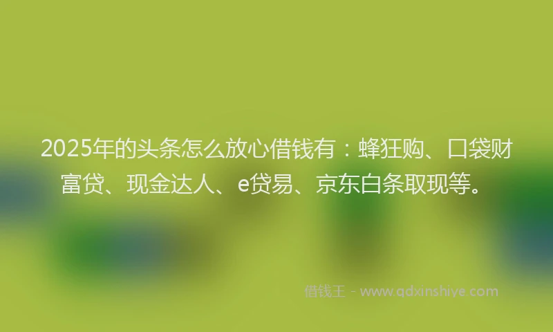 2025年的头条怎么放心借钱有：蜂狂购、口袋财富贷、现金达人、e贷易、京东白条取现等。