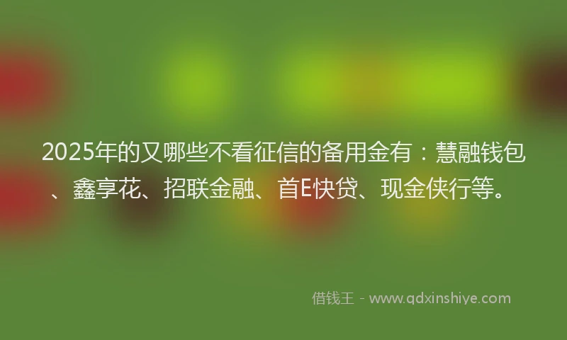 2025年的又哪些不看征信的备用金有：慧融钱包、鑫享花、招联金融、首E快贷、现金侠行等。