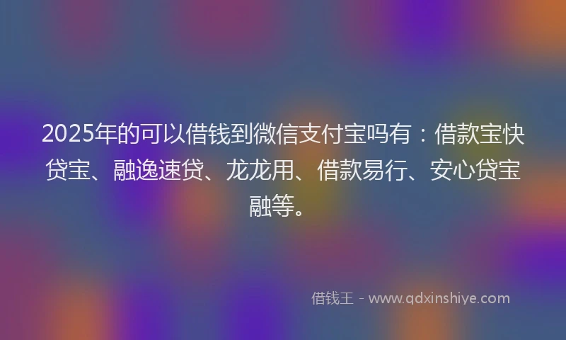 2025年的可以借钱到微信支付宝吗有：借款宝快贷宝、融逸速贷、龙龙用、借款易行、安心贷宝融等。