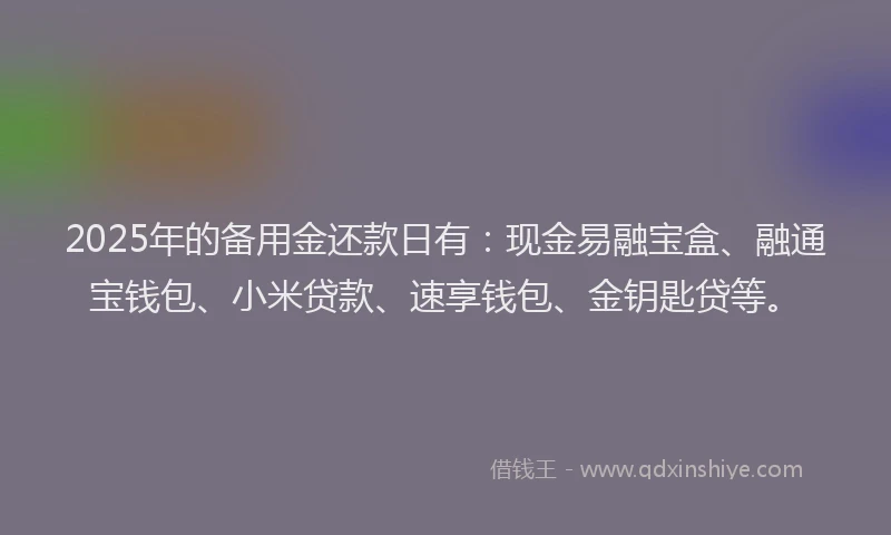 2025年的备用金还款日有：现金易融宝盒、融通宝钱包、小米贷款、速享钱包、金钥匙贷等。