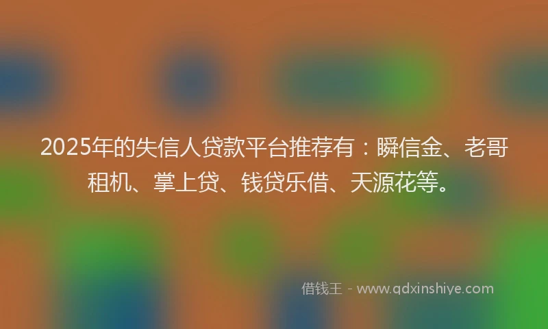 2025年的失信人贷款平台推荐有：瞬信金、老哥租机、掌上贷、钱贷乐借、天源花等。