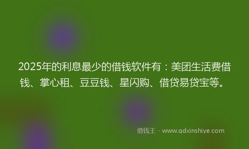 2025年的利息最少的借钱软件有：美团生活费借钱、掌心租、豆豆钱、星闪购、借贷易贷宝等。