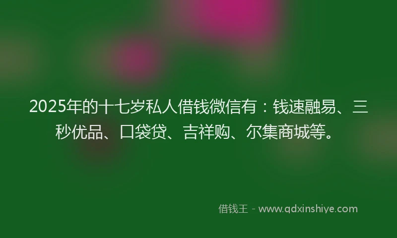 2025年的十七岁私人借钱微信有：钱速融易、三秒优品、口袋贷、吉祥购、尔集商城等。