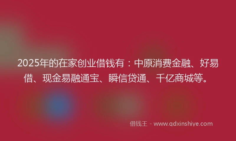 2025年的在家创业借钱有：中原消费金融、好易借、现金易融通宝、瞬信贷通、千亿商城等。