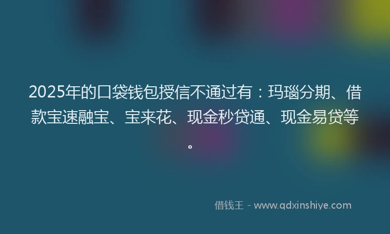 2025年的口袋钱包授信不通过有：玛瑙分期、借款宝速融宝、宝来花、现金秒贷通、现金易贷等。