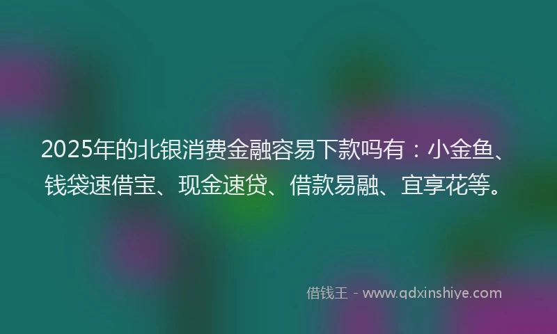 2025年的北银消费金融容易下款吗有：小金鱼、钱袋速借宝、现金速贷、借款易融、宜享花等。