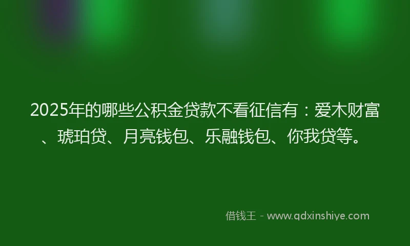 2025年的哪些公积金贷款不看征信有：爱木财富、琥珀贷、月亮钱包、乐融钱包、你我贷等。