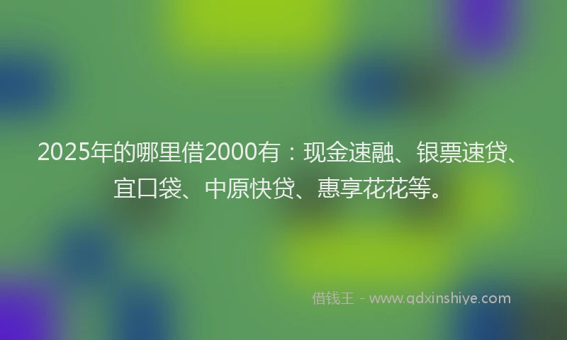 2025年的哪里借2000有：现金速融、银票速贷、宜口袋、中原快贷、惠享花花等。