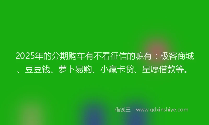2025年的分期购车有不看征信的嘛有：极客商城、豆豆钱、萝卜易购、小赢卡贷、星愿借款等。