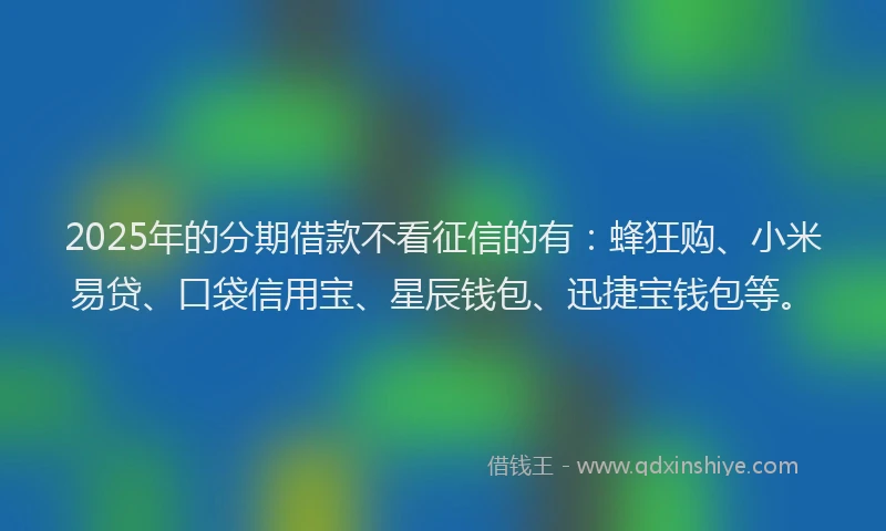 2025年的分期借款不看征信的有：蜂狂购、小米易贷、口袋信用宝、星辰钱包、迅捷宝钱包等。
