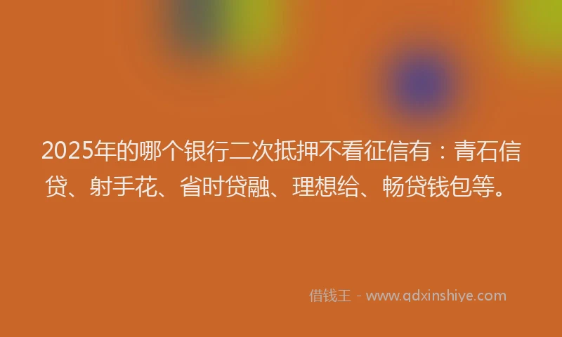 2025年的哪个银行二次抵押不看征信有：青石信贷、射手花、省时贷融、理想给、畅贷钱包等。