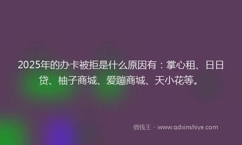 2025年的办卡被拒是什么原因有：掌心租、日日贷、柚子商城、爱蹦商城、天小花等。