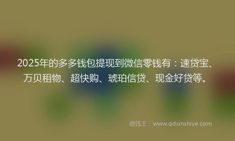 2025年的多多钱包提现到微信零钱有：速贷宝、万贝租物、超快购、琥珀信贷、现金好贷等。