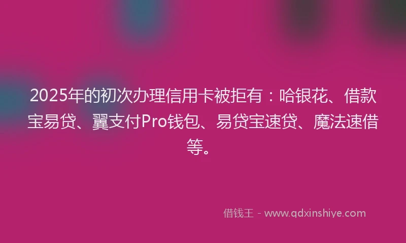 2025年的初次办理信用卡被拒有：哈银花、借款宝易贷、翼支付Pro钱包、易贷宝速贷、魔法速借等。