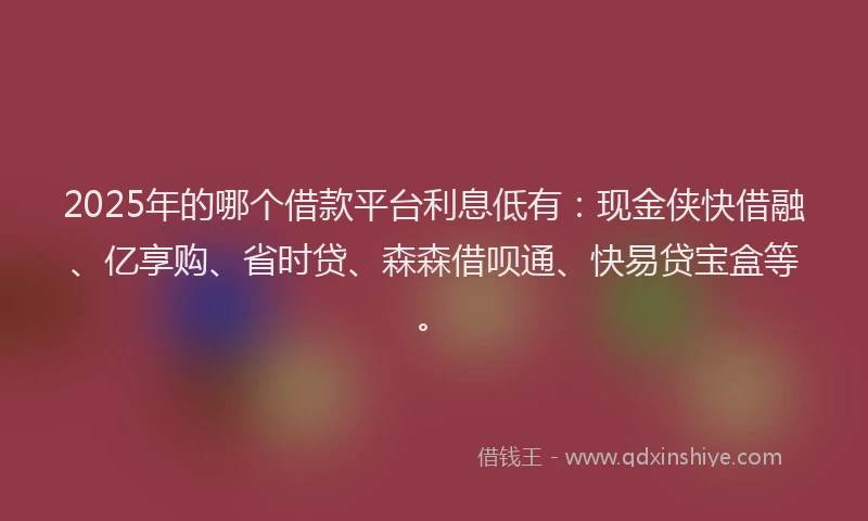2025年的哪个借款平台利息低有：现金侠快借融、亿享购、省时贷、森森借呗通、快易贷宝盒等。