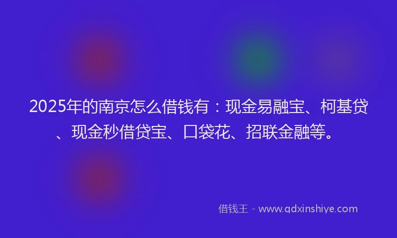 2025年的南京怎么借钱有：现金易融宝、柯基贷、现金秒借贷宝、口袋花、招联金融等。