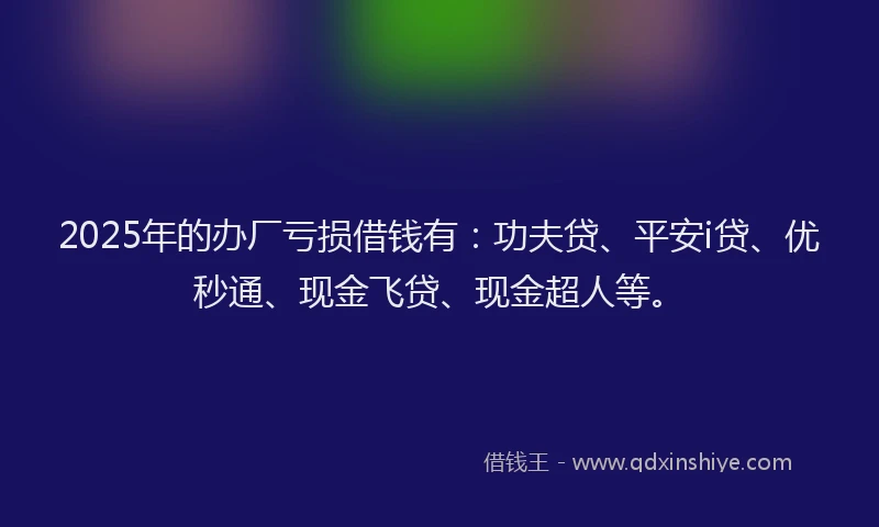 2025年的办厂亏损借钱有：功夫贷、平安i贷、优秒通、现金飞贷、现金超人等。