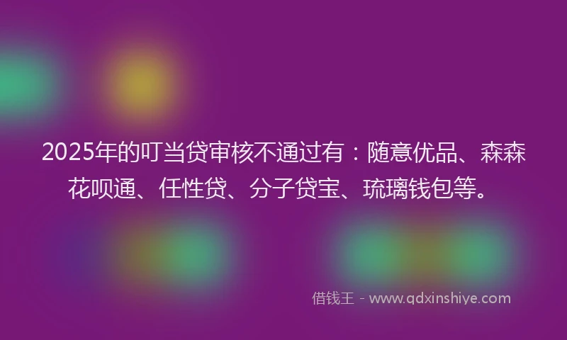 2025年的叮当贷审核不通过有：随意优品、森森花呗通、任性贷、分子贷宝、琉璃钱包等。