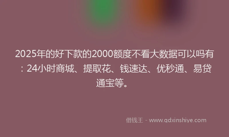 2025年的好下款的2000额度不看大数据可以吗有：24小时商城、提取花、钱速达、优秒通、易贷通宝等。