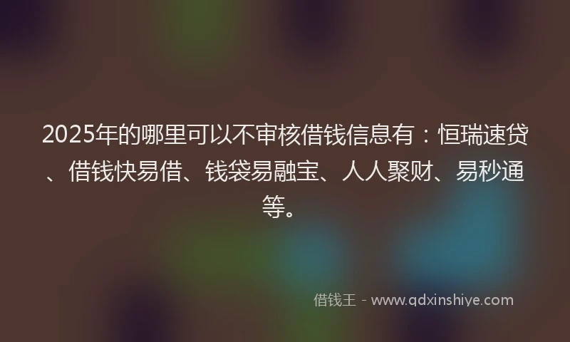 2025年的哪里可以不审核借钱信息有：恒瑞速贷、借钱快易借、钱袋易融宝、人人聚财、易秒通等。