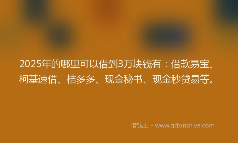 2025年的哪里可以借到3万块钱有：借款易宝、柯基速借、桔多多、现金秘书、现金秒贷易等。