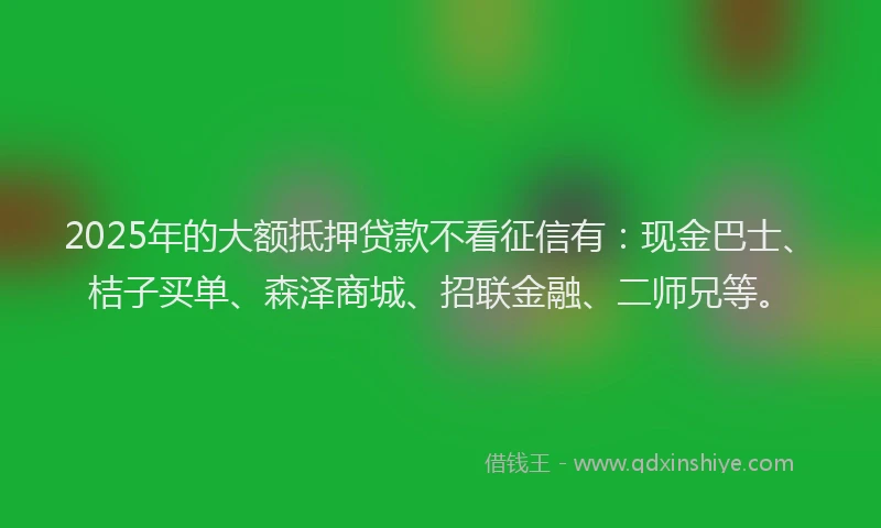 2025年的大额抵押贷款不看征信有：现金巴士、桔子买单、森泽商城、招联金融、二师兄等。
