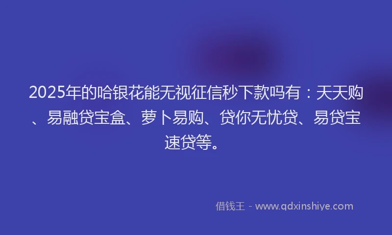 2025年的哈银花能无视征信秒下款吗有：天天购、易融贷宝盒、萝卜易购、贷你无忧贷、易贷宝速贷等。