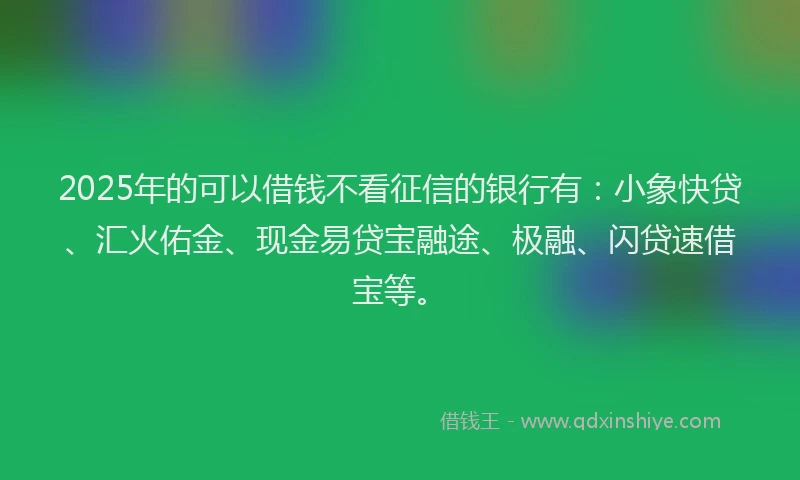 2025年的可以借钱不看征信的银行有：小象快贷、汇火佑金、现金易贷宝融途、极融、闪贷速借宝等。