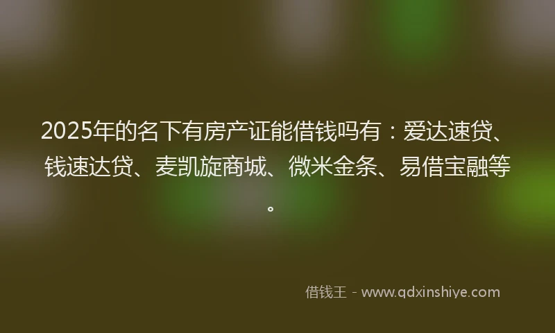 2025年的名下有房产证能借钱吗有：爱达速贷、钱速达贷、麦凯旋商城、微米金条、易借宝融等。