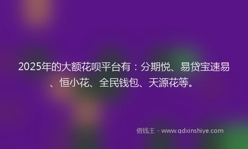 2025年的大额花呗平台有：分期悦、易贷宝速易、恒小花、全民钱包、天源花等。