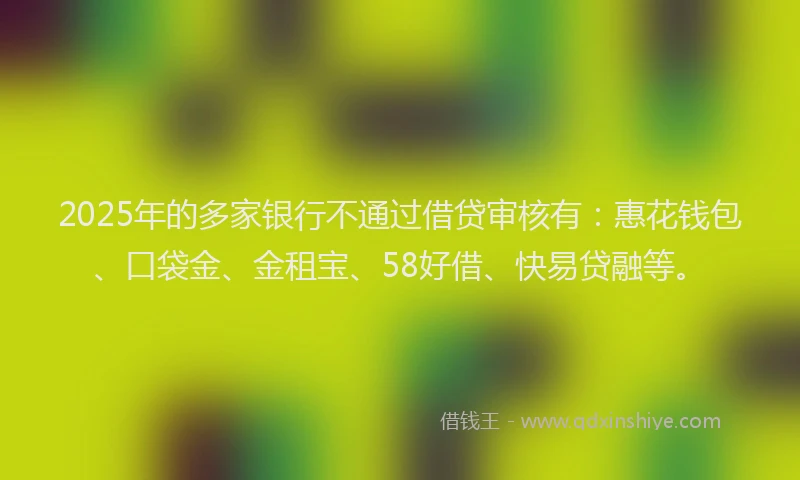 2025年的多家银行不通过借贷审核有：惠花钱包、口袋金、金租宝、58好借、快易贷融等。
