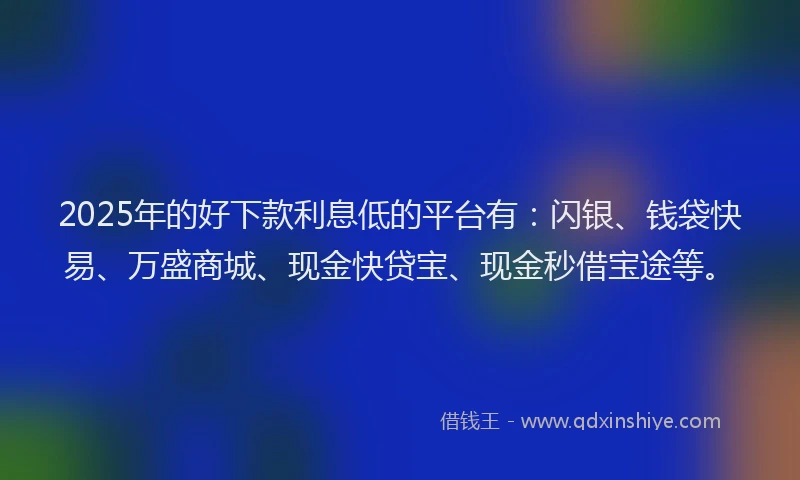 2025年的好下款利息低的平台有：闪银、钱袋快易、万盛商城、现金快贷宝、现金秒借宝途等。