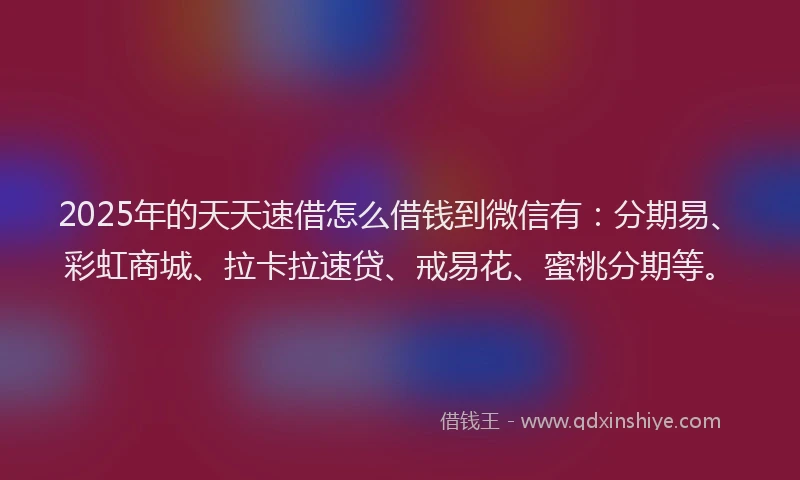 2025年的天天速借怎么借钱到微信有：分期易、彩虹商城、拉卡拉速贷、戒易花、蜜桃分期等。