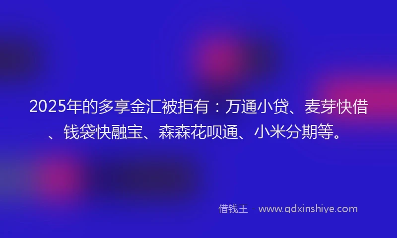 2025年的多享金汇被拒有：万通小贷、麦芽快借、钱袋快融宝、森森花呗通、小米分期等。